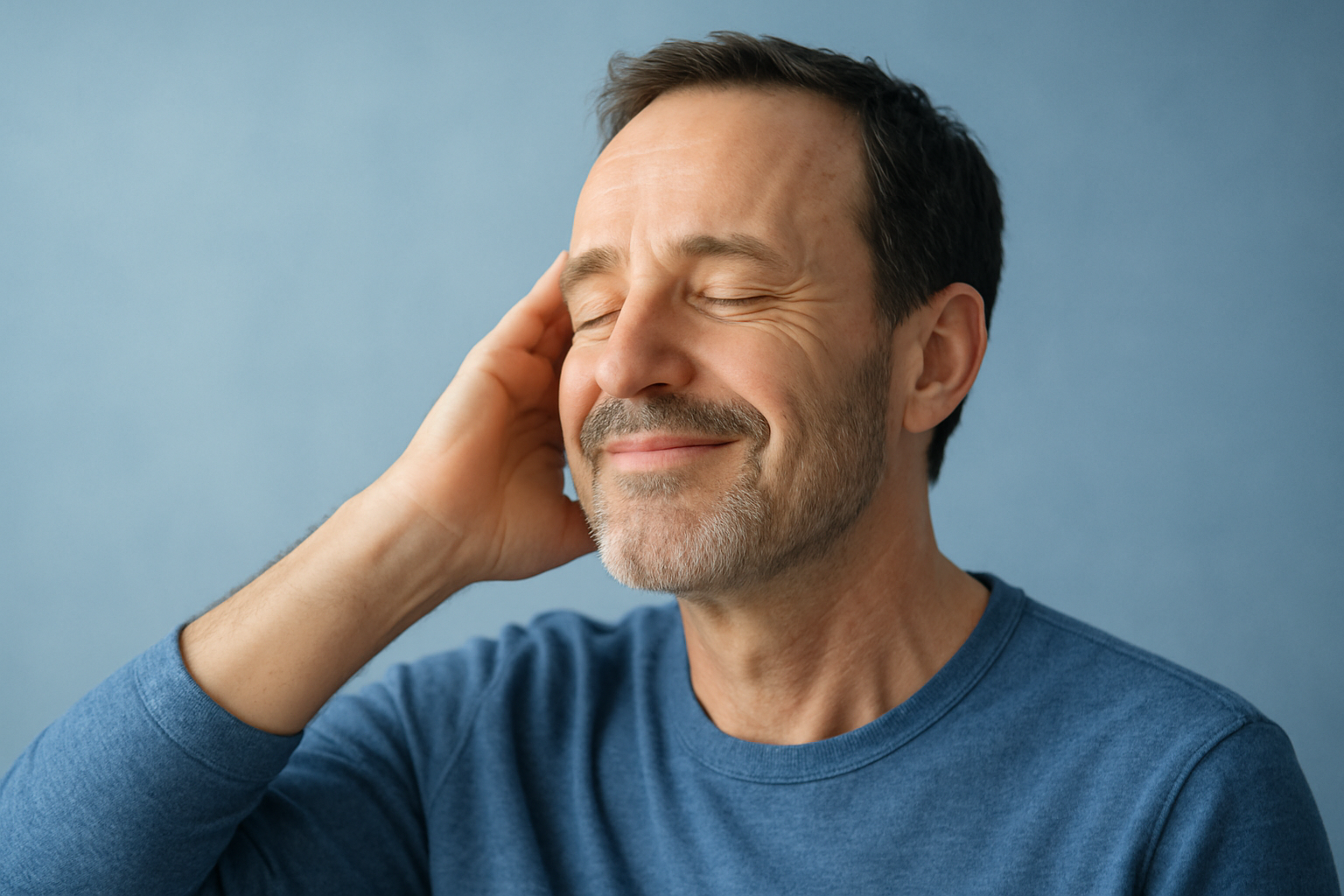 a man get relief from the migraine, need the blue tint background, place the person right side